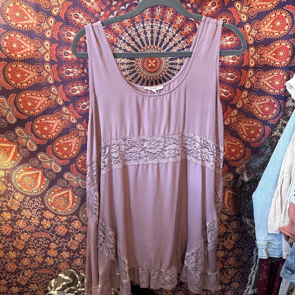 Easel Tunic Lace Tank Top Mauve Purple Boho Ruffle Hem Sleeveless Large